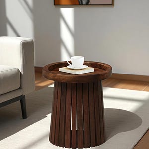 Handcrafted Wood Round End Table–Modern Rustic Slatted Pedestal Side Table, Mid Century Accent Table for Living Room, Bedroom & Reading Nook