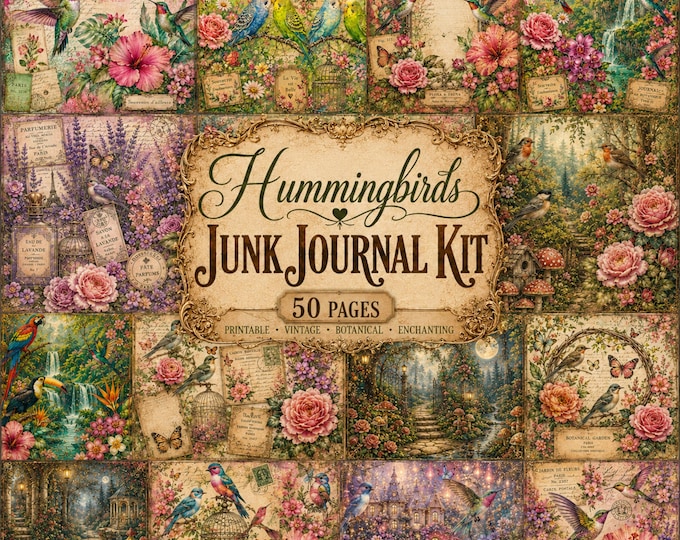 Hummingbirds Junk Journal Kit, Vintage Botanical Printable Papers, Bird ...