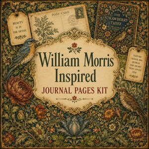 Pode incluir: Um kit de páginas de diário com um padrão floral inspirado em William Morris, pássaros, um cartão postal e duas etiquetas. O texto central diz William Morris Inspired JOURNAL PAGES KIT, com etiquetas que dizem BEAUTY IS IN THE DETAIL e NATURE NEVER DID BETRAY THE HEART THAT LOVED HER.