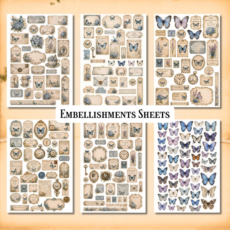 Soft Blue Butterflies Junk Journal Kit, Vintage Floral Printable Pages ...