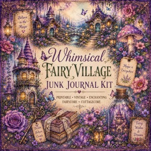 May include: A digital art print titled "Whimsical Fairy Village Junk Journal Kit." The image features a fantasy scene with fairy houses, flowers, butterflies, and the text "Believe in the Magic." The color palette includes purple, pink, and gold.