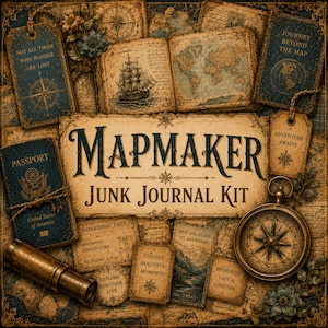 Mapmaker Junk Journal Kit, utskrivbara vintage-resor, paket med upptäcktsresande-ephemera, scrapbooksidor för äventyr, journalkit för reslust