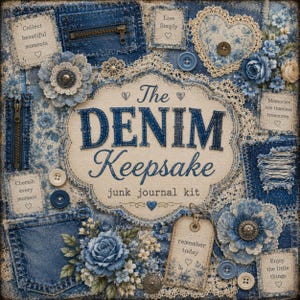 May include: A junk journal kit featuring a denim and lace collage with floral accents, fabric pockets, buttons, and tags. The central label reads The DENIM Keepsake junk journal kit, surrounded by text patches saying Collect beautiful moments, Live Simply, Memories are timeless treasures, Cherish every moment, remember today, and Enjoy the little things.