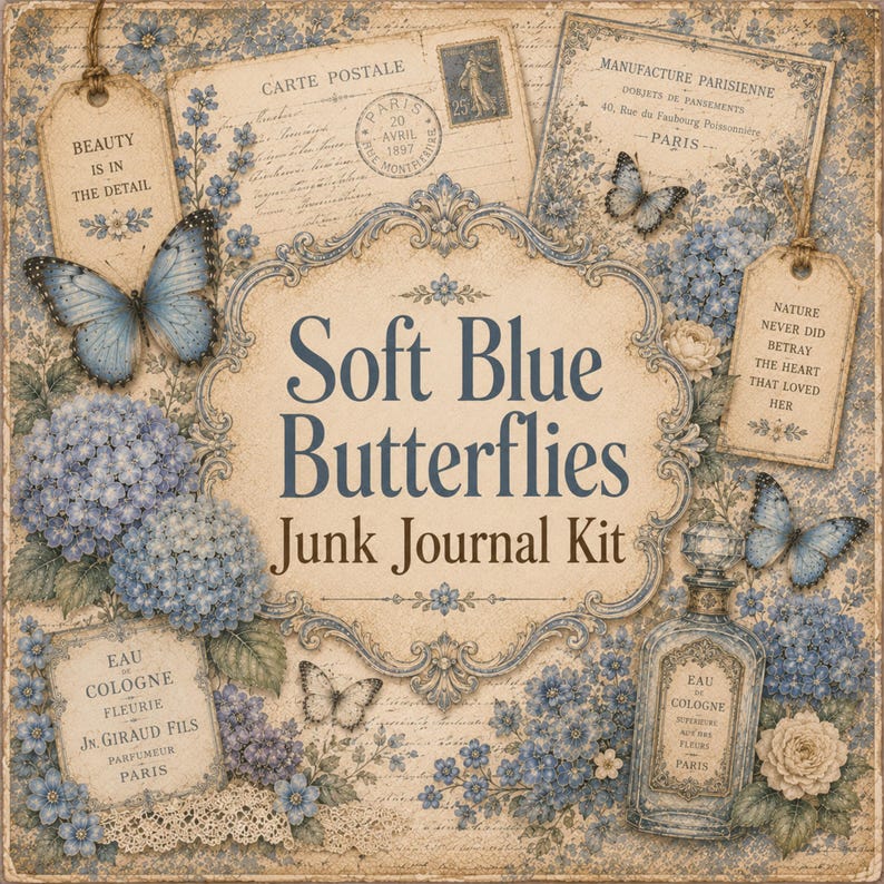 Soft Blue Butterflies Junk Journal Kit, Vintage Floral Printable Pages ...