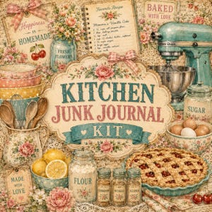 Könnte beinhalten: Ein Küchen-Junk-Journal-Set mit einer Collage aus Backutensilien, darunter eine türkisfarbene Küchenmaschine, ein Kirschkuchen, eine Rezeptkarte für Vanillekuchen, blumige Gläser, Holzlöffel und Gewürzgläser mit Zimt, Muskat und Piment.