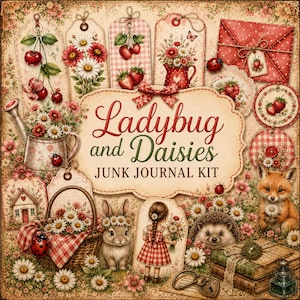 May include: A junk journal kit featuring the text Ladybug and Daisies, decorated with illustrations of cherries, strawberries, daisies, a watering can, a red envelope, a basket, a rabbit, a girl in a red dress, a hedgehog, and a fox.