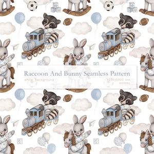 May include: A seamless pattern featuring watercolor illustrations of raccoons riding blue trains and bunnies on rocking horses, interspersed with soccer balls, footballs, paper airplanes, blue balloons, and clouds on a white background.