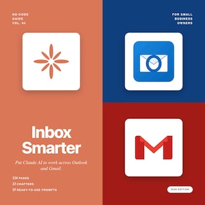May include: A book cover with a color-blocked design. The top left section is orange with a white square and a stylized orange flower. The top right section is blue with a white square and a blue envelope icon. The bottom right section is red with a white square and a red "M" icon. The title "Inbox Smarter" is in the center.