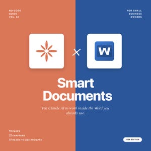 Könnte beinhalten: Buchcover-Design mit geteiltem Hintergrund in Orange und Blau. Der Titel "Smart Documents" steht in großem weißen Text. Das Cover enthält den Text "Put Claude AI to work inside the Word you already use."