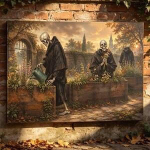 May include: A rectangular canvas print depicting three skeletons wearing black hooded robes in a garden. One skeleton uses a green watering can on a wooden planter, another holds flowers, and a third stands in the background near a stone archway.