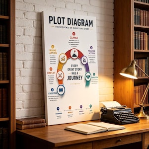 Op de afbeelding: Een rechthoekige wandkunstprint met de titel PLOT DIAGRAM THE SEQUENCE OF EVENTS IN A STORY. Het bevat een kleurrijke boogafbeelding met genummerde stappen van 1 tot 6, inclusief iconen en tekst voor expositie, conflict, stijgende actie, climax, dalende actie en resolutie.