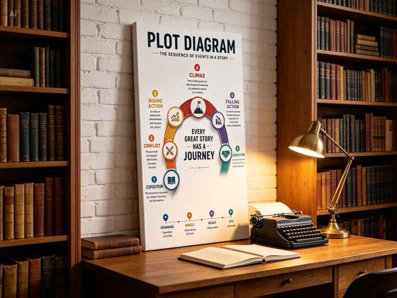 Op de afbeelding: Een rechthoekige wandkunstprint met de titel PLOT DIAGRAM THE SEQUENCE OF EVENTS IN A STORY. Het bevat een kleurrijke boogafbeelding met genummerde stappen van 1 tot 6, inclusief iconen en tekst voor expositie, conflict, stijgende actie, climax, dalende actie en resolutie.