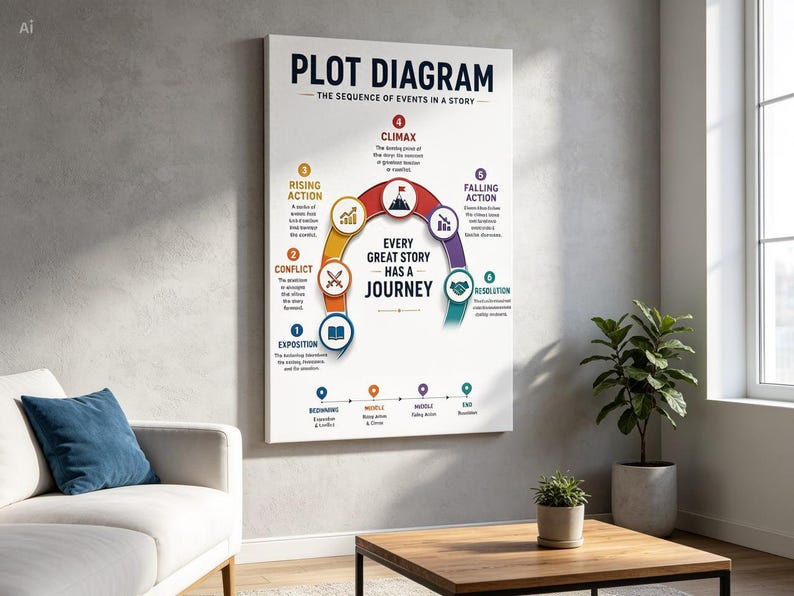 Op de afbeelding: Een rechthoekige wandkunstprint met de titel PLOT DIAGRAM, voorzien van een kleurrijke boogafbeelding die de volgorde van gebeurtenissen in een verhaal illustreert. De tekst bevat EXPOSITION, CONFLICT, RISING ACTION, CLIMAX, FALLING ACTION en RESOLUTION, met de centrale zin EVERY GREAT STORY HAS A JOURNEY.