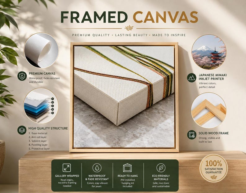 Op de afbeelding: Een vierkant ingelijst canvas met een getextureerd gebroken wit oppervlak met dunne diagonale groene en bruine lijnen. De productweergave bevat tekstlabels voor premium canvas, Japanse Mimaki inkjetprinter en een frame van massief hout.