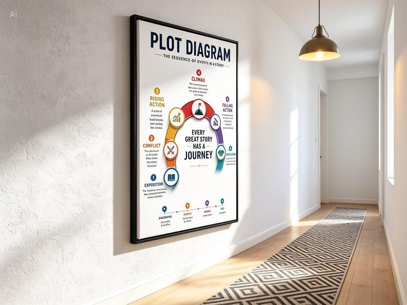 Op de afbeelding: Een rechthoekige wandkunstprint getiteld Plot Diagram, met een kleurrijke boogafbeelding die de verhaalstructuur illustreert. De tekst luidt Plot Diagram, The Sequence of Every Story en Every Great Story Has a Journey, met genummerde stappen.