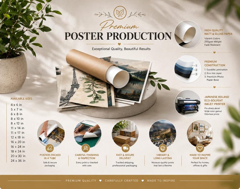 Op de afbeelding: Een promotionele afbeelding voor premium posterproductie met een bruine kartonnen verzendkoker op een stapel gedrukte posters. De afbeelding bevat tekstuele details over papierkwaliteit, printtechnologie en een lijst met beschikbare formaten in inches.