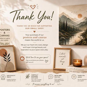 Op de afbeelding: Een bedankkaart met de tekst Thank You, posters and canvas en een landschapskunstprint van bergen, een rivier en een zon. Bevat ingelijste prints, een kaars op boeken en decoratieve tekst over hoogwaardige prints en verpakking.