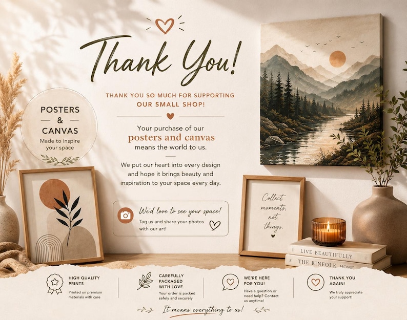 Op de afbeelding: Een bedankkaart met de tekst Thank You, posters and canvas en een landschapskunstprint van bergen, een rivier en een zon. Bevat ingelijste prints, een kaars op boeken en decoratieve tekst over hoogwaardige prints en verpakking.