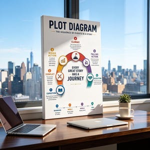 Op de afbeelding: Een witte rechthoekige poster met de titel PLOT DIAGRAM THE SEQUENCE OF EVENTS IN A STORY. Het bevat een kleurrijke boogafbeelding met genummerde fasen, waaronder Exposition, Conflict, Rising Action, Climax, Falling Action en Resolution met tekst.