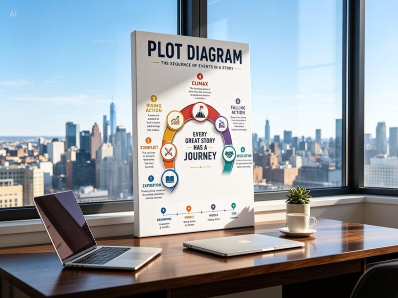 Op de afbeelding: Een witte rechthoekige poster met de titel PLOT DIAGRAM THE SEQUENCE OF EVENTS IN A STORY. Het bevat een kleurrijke boogafbeelding met genummerde fasen, waaronder Exposition, Conflict, Rising Action, Climax, Falling Action en Resolution met tekst.