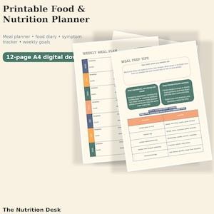 Puede incluir: Un conjunto de planificadores imprimibles de alimentos y nutrición. Las páginas incluyen un plan de comidas semanal y consejos de preparación de comidas. El texto incluye "Meal planner", "food diary" y "weekly goals".
