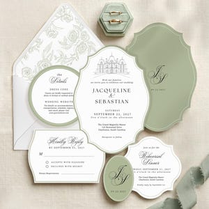 May include: A wedding invitation suite featuring sage green and white stationery with ornate scalloped edges, including a main invitation, RSVP card, details card, rehearsal dinner card, and a sage green velvet ring box with two gold bands.