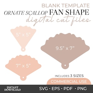 Op de afbeelding: Een digitale sjablonenset met drie sierlijke waaiervormen met schulprand in lichtroze en mauve. De vormen hebben afmetingen van 12,7 cm x 12,7 cm, 17,8 cm x 12,7 cm en 24,1 cm x 17,8 cm. De tekst luidt BLANK TEMPLATE ORNATE SCALLOP FAN SHAPE digital cut files, INCLUDES 3 SIZES, COMMERCIAL USE, INSTANT DOWNLOAD, SVG, EPS, PDF, PNG.