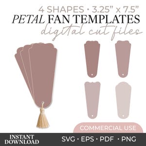 Peut inclure: Quatre modèles d'éventails en forme de pétale en fichiers de découpe numériques, mesurant 8,26 cm sur 19,05 cm. L'ensemble comprend quatre formes distinctes de couleur rose poudré, chacune avec un petit trou en bas. Un modèle porte un pompon beige.