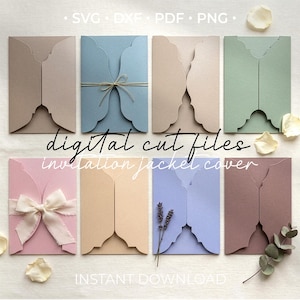 May include: A collection of eight invitation jacket covers in various pastel colors including beige, blue, green, pink, and lavender. The paper jackets feature decorative scalloped edges and are shown with ribbons, twine, and dried floral accents.