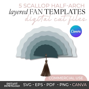 Könnte beinhalten: Fünf fächerförmige Vorlagen mit gewelltem Halbkreis und dem Text 5 SCALLOP HALF-ARCH layered FAN TEMPLATES digital cut files, Canva, COMMERCIAL USE, INSTANT DOWNLOAD, SVG, EPS, PDF, PNG, CANVA. Eine dunkelbraune Quaste ist befestigt.