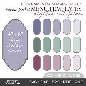Puede incluir: Un conjunto de 15 formas ornamentales para plantillas de menús de bolsillo para servilletas, archivos de corte digital que miden 10,16 cm por 20,32 cm. La colección incluye varios marcos de colores en tonos morados, verdes y rosas, en formatos SVG, DXF, EPS, PDF y PNG.