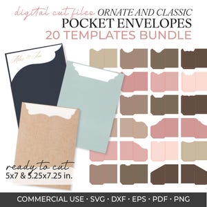 May include: A digital bundle of 20 ornate and classic pocket envelope templates in various colours including dark blue, light blue, and shades of brown and pink. The text reads: digital cut files ORNATE AND CLASSIC POCKET ENVELOPES 20 TEMPLATES BUNDLE ready to cut 5x7 & 5.25x7.25 in. COMMERCIAL USE SVG DXF EPS PDF PNG.
