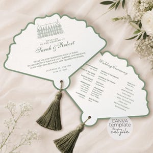 Wedding Ceremony Program Scallop Ornate Hand Fan Digital Template Canva + SVG DXF Cut File, DIY Personalized Printable Wedding Stationery