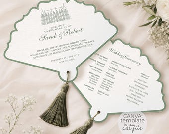 Wedding Ceremony Program Scallop Ornate Hand Fan Digital Template Canva + SVG DXF Cut File, DIY Personalized Printable Wedding Stationery