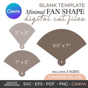 Puede incluir: Archivos de corte digitales con tres plantillas en forma de abanico en tamaños de 5" x 5", 7" x 5" y 9,5" x 7". La imagen incluye el texto: BLANK TEMPLATE Minimal FAN SHAPE digital cut files, INCLUDES 3 SIZES, COMMERCIAL USE, INSTANT DOWNLOAD, SVG, EPS, PDF, PNG, CANVA.