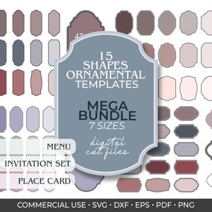 Può includere: Una collezione digitale di 15 modelli di forme ornamentali in 7 dimensioni, con vari colori tenui come malva, grigio e rosa antico. La grafica centrale mostra il testo 15 SHAPES ORNAMENTAL TEMPLATES MEGA BUNDLE 7 SIZES digital cut files.