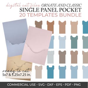Puede incluir: Un paquete de archivos de corte digital con 20 plantillas de bolsillo de panel único ornamentadas y clásicas en varios colores. El texto dice: digital cut files ORNATE AND CLASSIC SINGLE PANEL POCKET 20 TEMPLATES BUNDLE ready to cut 12,7x17,8 cm & 13,3x18,4 cm.