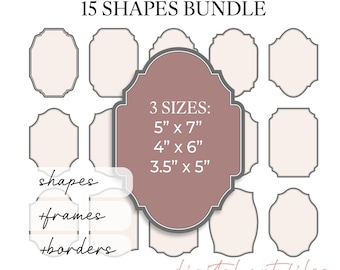 May include: A digital bundle of 15 ornate wedding card shapes, frames, and borders in light pink with dark gray outlines. The central shape displays text: 3 SIZES: 5" x 7", 4" x 6", 3.5" x 5". Includes SVG, DXF, EPS, PDF, and PNG file formats.