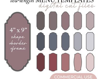 Ensemble de modèles de menus ornés 4x9" (fichiers de découpe SVG+DXF, formes, bordures, cadres), fichiers numériques, mariage de luxe, papeterie, usage commercial Cricut
