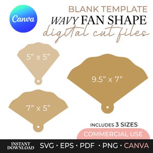 Puede incluir: Un conjunto de plantillas digitales con tres archivos de corte en forma de abanico ondulado de color beige con dimensiones de 12,7 cm x 12,7 cm, 17,8 cm x 12,7 cm y 24,1 cm x 17,8 cm. El texto dice BLANK TEMPLATE WAVY FAN SHAPE digital cut files.