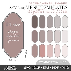 May include: A set of 15 ornamental shapes for DIN long menu templates as digital cut files. The image displays a large mauve shape with the text DL size, shape, border, frame, and dimensions of 99 mm by 210 mm. Includes SVG, DXF, EPS, PDF, and PNG formats.