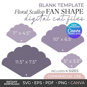 Fan SVG Cricut Cut, Wedding fans Template Canva DIY, Digital Files for Ceremony Program Fan, Printable Floral Scallop Fan