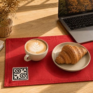 Può includere: Una tovaglietta rettangolare in tessuto rosso con una toppa quadrata caratterizzata da un motivo geometrico a spirale bianco e nero nell'angolo in basso a sinistra. La tovaglietta è presentata con una tazza in ceramica bianca e un croissant.