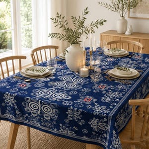 Puede incluir: Un mantel rectangular con fondo azul intenso y un patrón floral y circular en blanco. La tela tiene un borde decorativo y cubre una mesa de comedor dispuesta con platos blancos, cristalería transparente y un jarrón blanco central.