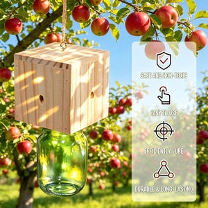 Könnte beinhalten: Eine Holz-Insektenfalle mit einem Glasbehälter als Basis, die an einem Seil in einem Apfelgarten hängt. Der Holzquader hat zwei Löcher und hängt unter einem Baum voller roter Äpfel. Text: SICHER UND NICHT GIFTIG, EINFACH ZU BEDIENEN, EFFIZIENT LOCKEN, LANGLEBIG & LANGLEBIG.