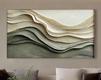 3D golvend impasto schilderij, crème salie groen getextureerde muurkunst, grote minimalistische paletmeskunst, neutraal gelaagd decor