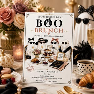 May include: A rectangular invitation card for a Boo Brunch on Sunday, October 15 at 11:00 AM. The design features four ghosts wearing sunglasses and accessories, sitting at a table with brunch food, a sign saying Good Vibes Only, and text.