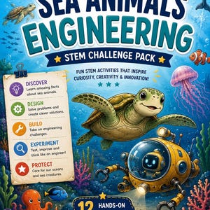 May include: A Sea Animals Engineering STEM Challenge Pack educational kit cover featuring a cartoon sea turtle, a yellow robotic submarine, and various sea creatures. The text includes Explore, Design, Engineer, Protect, and 12 Hands-on Challenges.