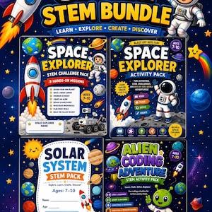 Puede incluir: Un paquete educativo Space STEM Bundle que incluye cuatro cuadernos de actividades titulados Space Explorer, Solar System y Alien Coding Adventure. Los gráficos muestran cohetes, astronautas, planetas y estrellas sobre un fondo azul oscuro.