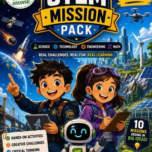 May include: A STEM Mission Pack educational kit box featuring two cartoon characters and a small robot. The cover displays text including 10 Epic Missions, Learn Think Build Change The World, and Real Challenges Real Fun Real Learning.